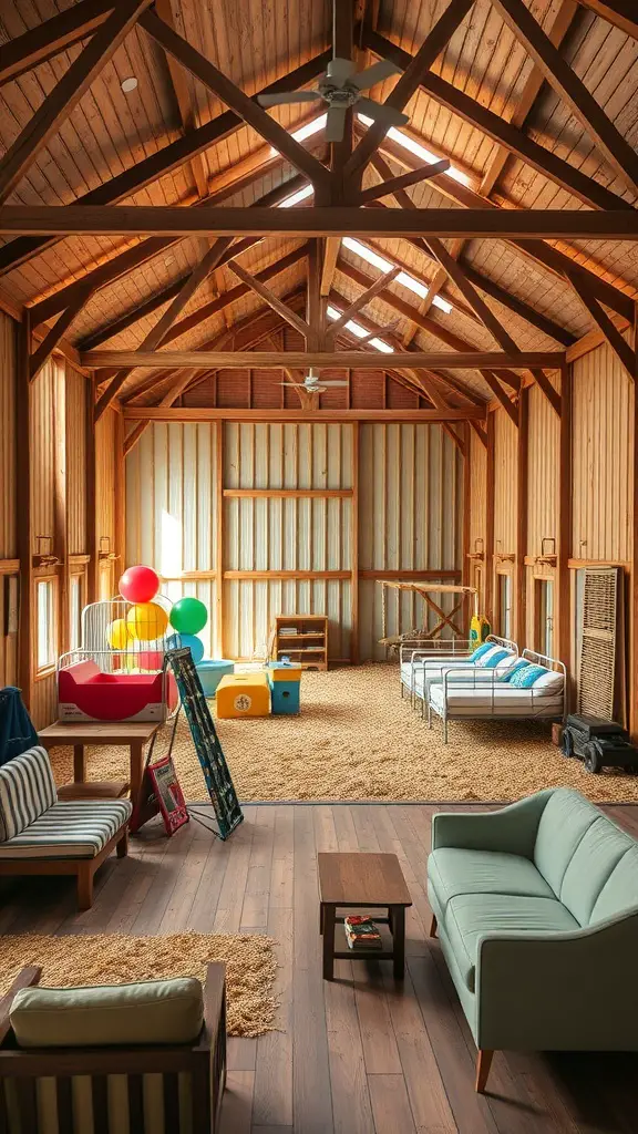 25+ Inspiring Modern Barndominium Ideas You’ll Love 15 Spacious family-friendly barndominium interior with wooden beams, colorful play area, and comfortable seating.