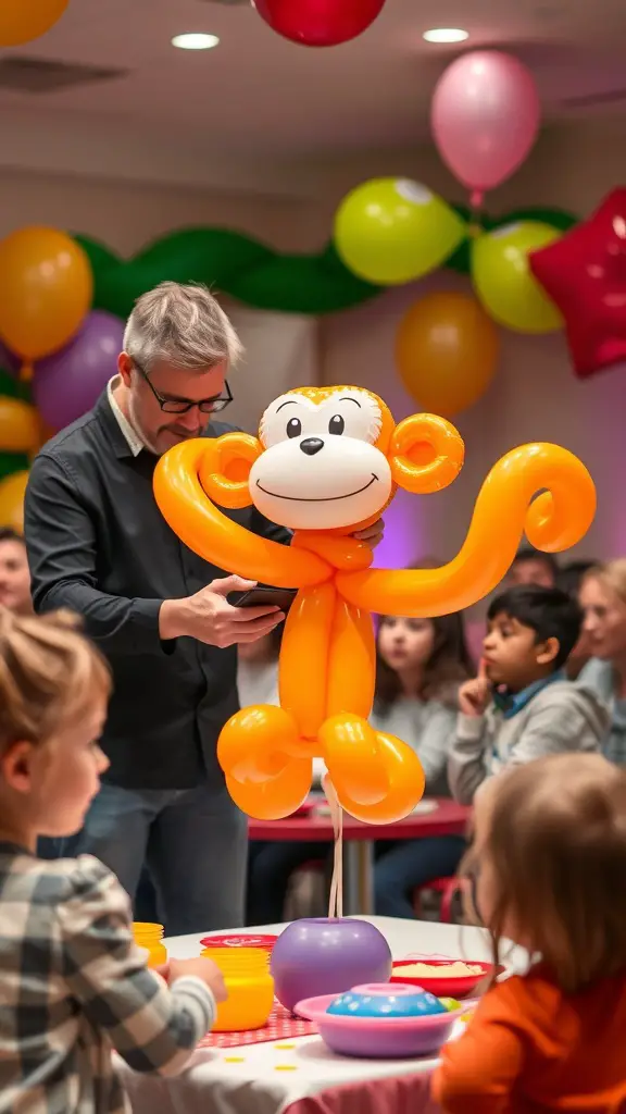 23+ Creative Curious George Birthday Party Ideas for a Fun Celebration 15 A balloon artist creating a monkey balloon at a birthday party with children watching.