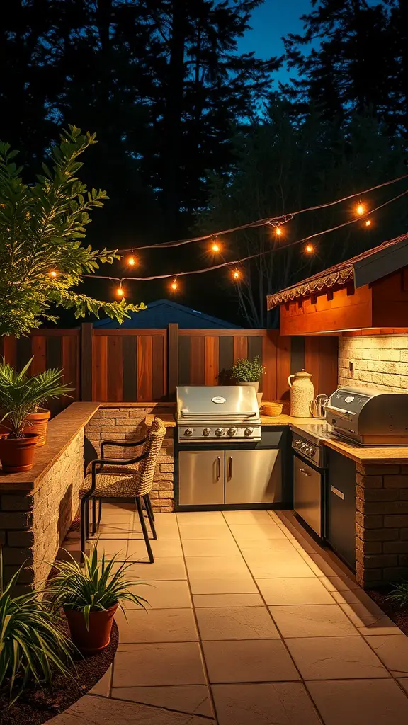 23+ Inspiring Backyard Kitchen Ideas to Elevate Your Outdoor Cooking Experience 12 A beautifully lit backyard kitchen at night with string lights and plants.