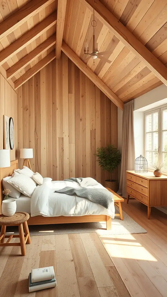 25+ Must-Have Items for a Cozy Scandinavian Bedroom 8 A Scandinavian bedroom featuring wooden walls, ceiling, and furniture, creating a warm and inviting atmosphere.