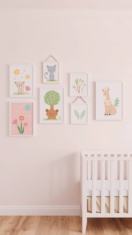 31+ Gorgeous Pink and Green Nursery Ideas for a Dreamy Space 8 A nursery wall with whimsical animal and flower art in pastel colors, featuring a crib.