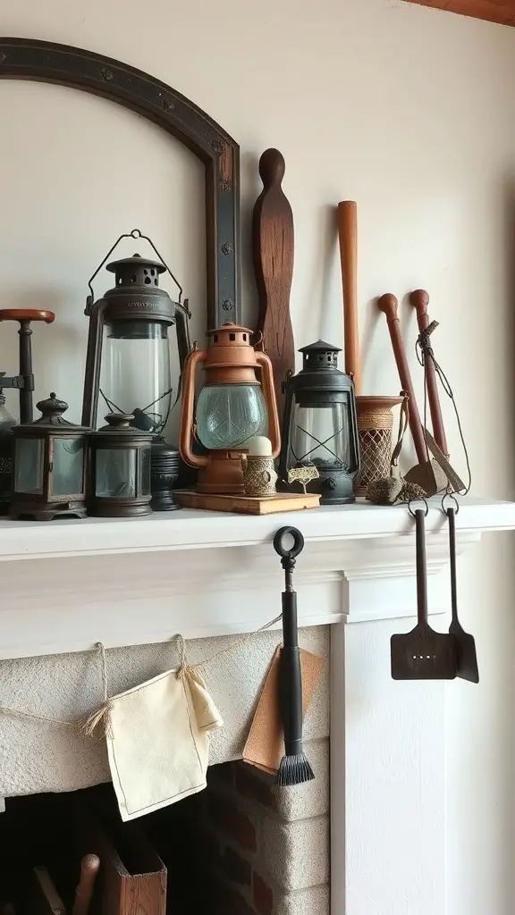 23+ Stunning Farmhouse Fireplace Decor Ideas to Transform Your Home 9 A collection of vintage accessories on a farmhouse fireplace mantle, including lanterns, wooden utensils, and decorative pieces.