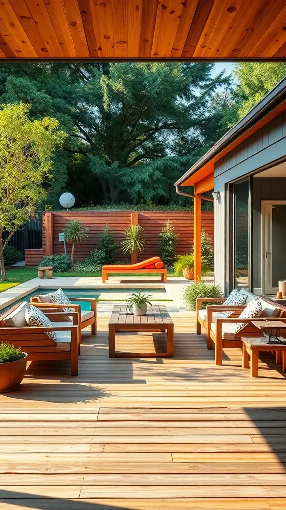 25+ Inspiring Hardscape Backyard Ideas for Your Outdoor Oasis 15 Stylish wooden decking in a backyard with seating and greenery