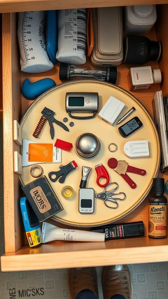 19+ Genius Junk Drawer Organization Ideas You Need to Try 10 A junk drawer organized with a Lazy Susan holding various tools and gadgets.