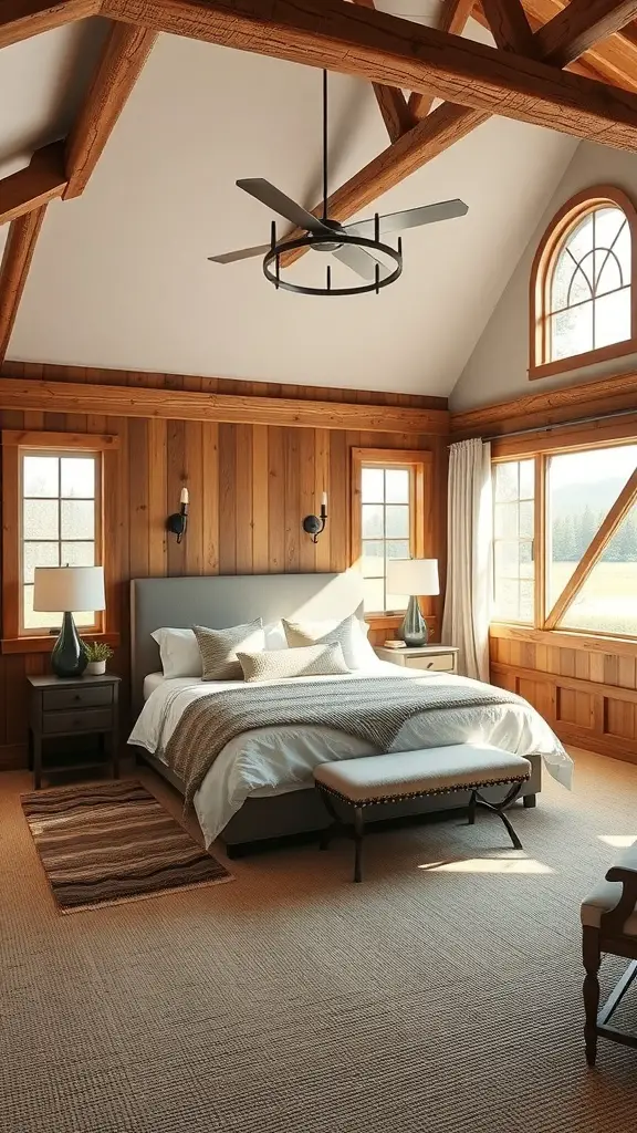 25+ Inspiring Modern Barndominium Ideas You’ll Love 10 A cozy master suite in a modern barndominium featuring wooden beams, large windows, and a plush bed.