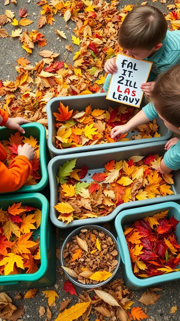 25+ Creative Fall Crafts for Toddlers 11 Children sorting colorful autumn leaves into bins