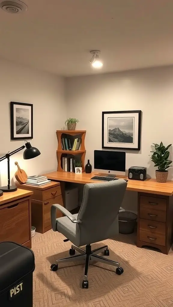 19+ Cozy Unfinished Basement Ideas to Transform Your Space 10 Cozy home office in an unfinished basement with a desk, computer, and plants.