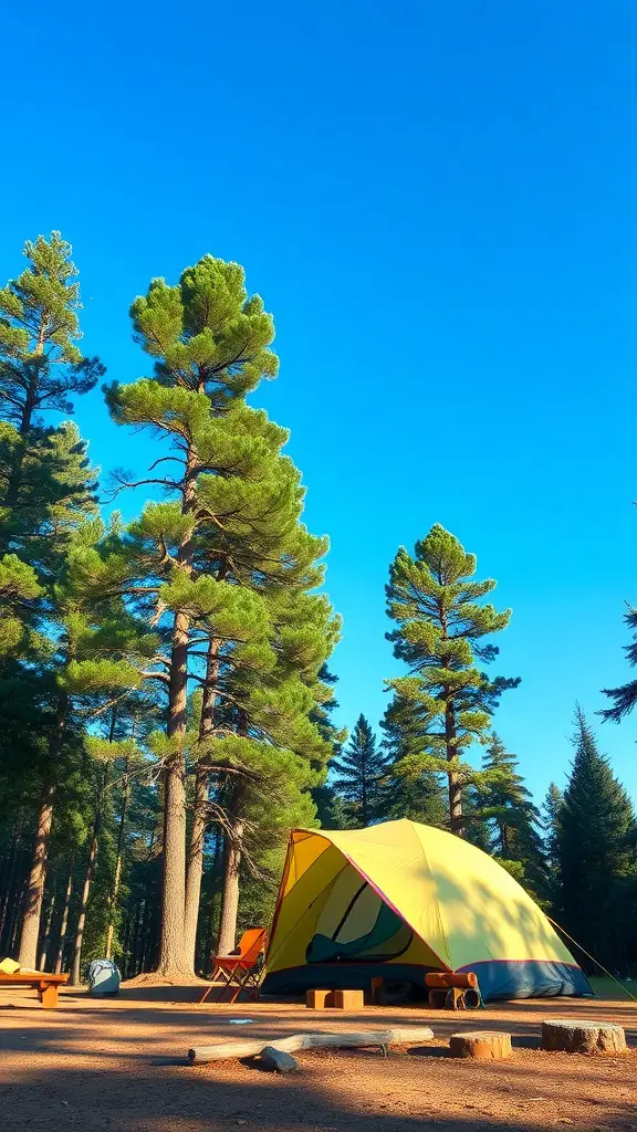 25+ Creative Tent Camping Setup Ideas for Your Next Adventure 8 A yellow tent set up in a forest with tall trees and a clear blue sky.