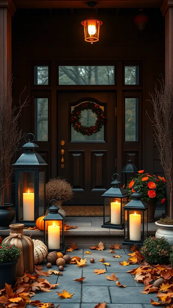 A fall entryway with lanterns and candles, pumpkins, and colorful leaves.