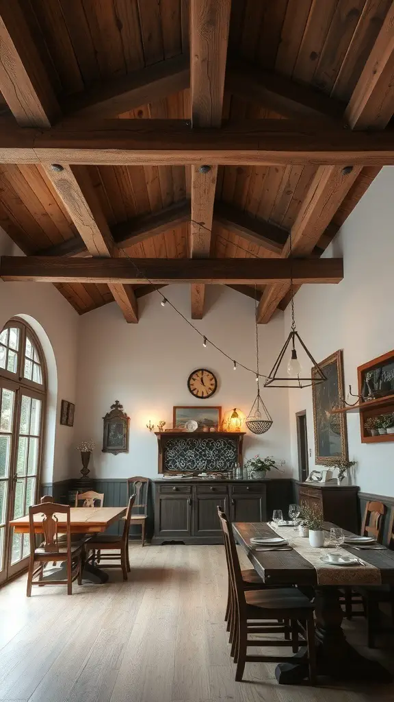 Interior view showcasing reclaimed wood beams in a dining area