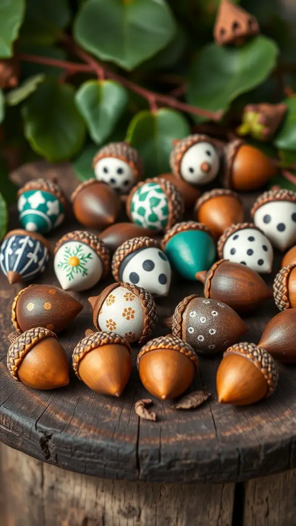 25+ Must-Try Fall Crafts for Adults 17 A collection of hand-painted acorns in various colors and designs on a wooden surface.