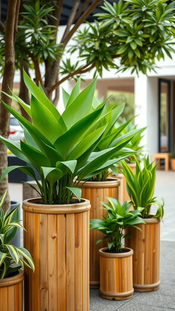 25+ Unique Plant Pot Designs You Need to Try 12 A collection of bamboo planters with green plants, showcasing eco-friendly design.