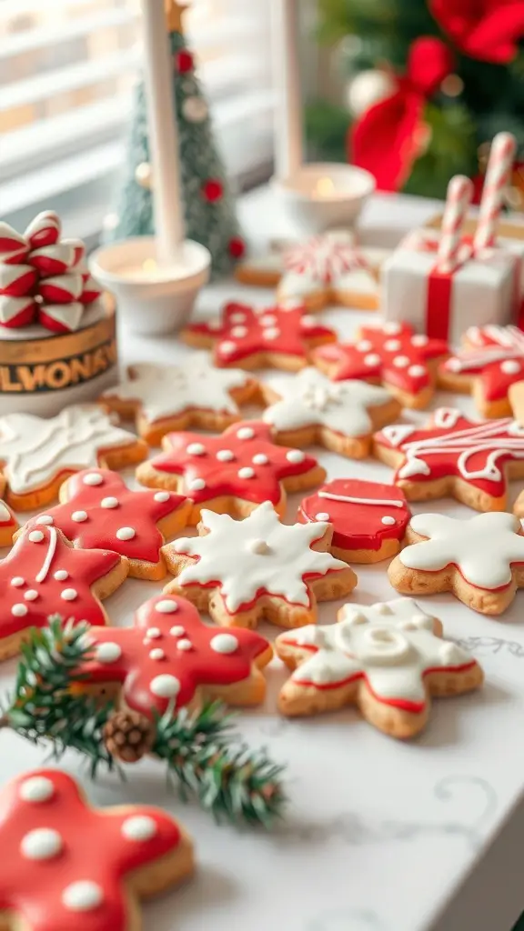 A festive display of red and white decorated cookies shaped like stars and snowflakes, surrounded by candles and a small Christmas tree.