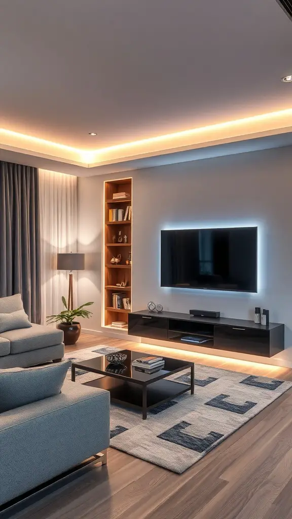 25+ Stunning TV Wall Ideas for Your Living Room 7 A modern living room with integrated lighting around the TV wall and shelves, showcasing a cozy and stylish atmosphere.