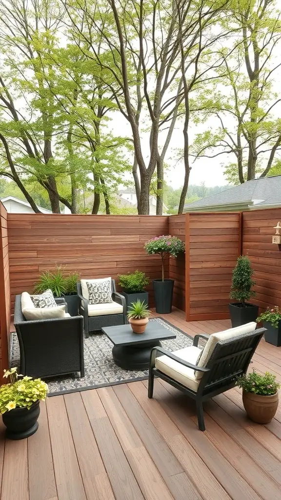 19+ Creative Privacy Wall Ideas for Your Deck 13 Cozy outdoor room with a privacy wall, comfortable seating, and plants.