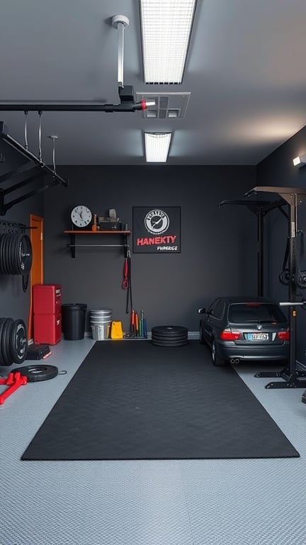 19 Home Gym Ideas for Small Garages: Maximize Your Space with These Creative Solutions 11 A small garage gym featuring workout equipment, a car, and organized storage.