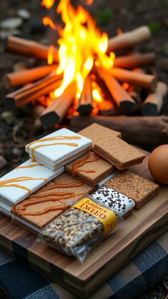 21+ Fun and Creative Bonfire Party Ideas for Unforgettable Nights 4 A s'mores bar with various toppings including graham crackers, marshmallows, chocolate, and caramel sauce, set against a bonfire.