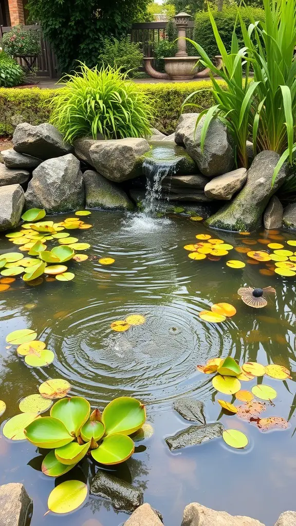 25+ Inspiring Hardscape Backyard Ideas for Your Outdoor Oasis 5 A tranquil backyard pond with lily pads and a small waterfall.