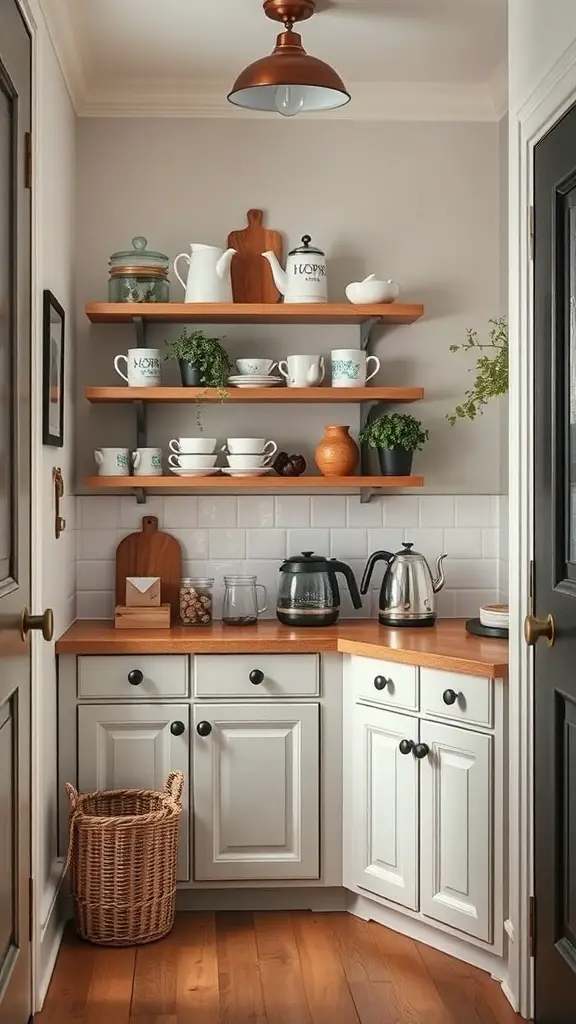 A cozy coffee and tea station in a butler's pantry with shelves of mugs and teapots.