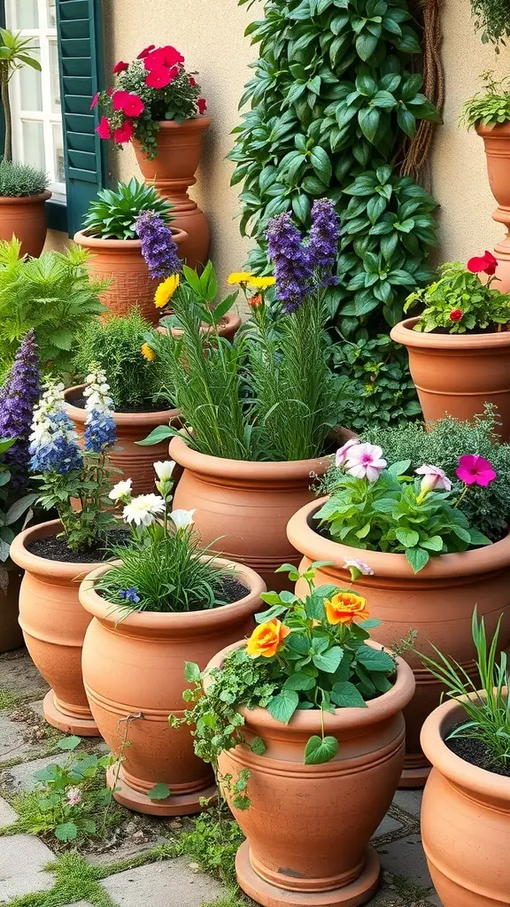 25+ Stunning Italian Garden Ideas for Your Outdoor Space 10 A collection of terracotta planters filled with colorful flowers in an Italian garden setting.
