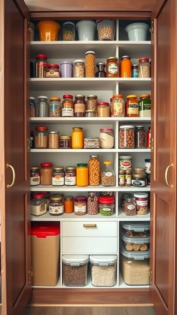 25+ Creative Built-In Pantry Cabinet Wall DIY Ideas 7 A well-organized pantry cabinet with jars and containers on multiple shelves.