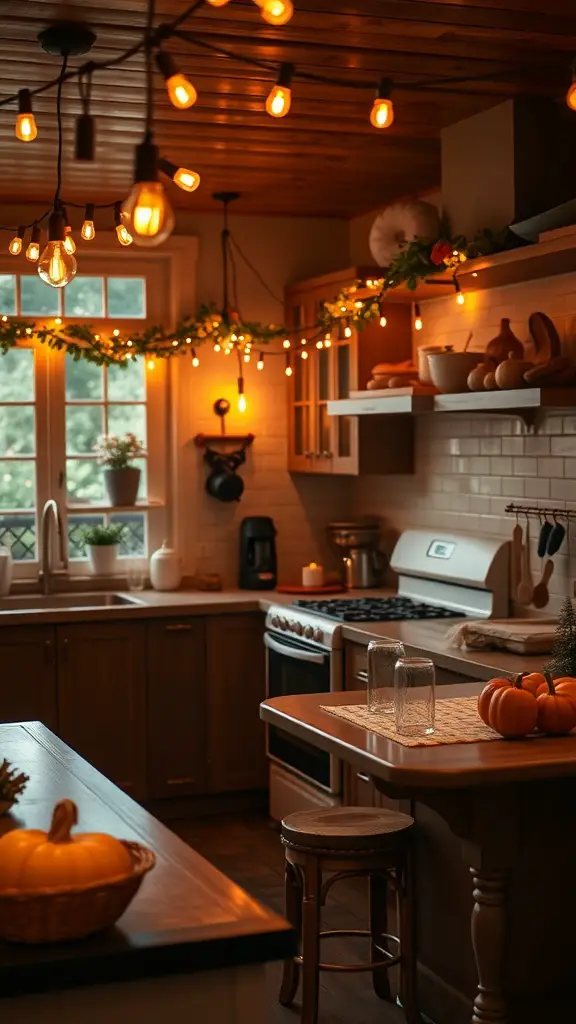 21+ Stunning Fall Kitchen Decor Ideas to Elevate Your Space 11 A cozy kitchen decorated with string lights and fall decor, featuring pumpkins and greenery.
