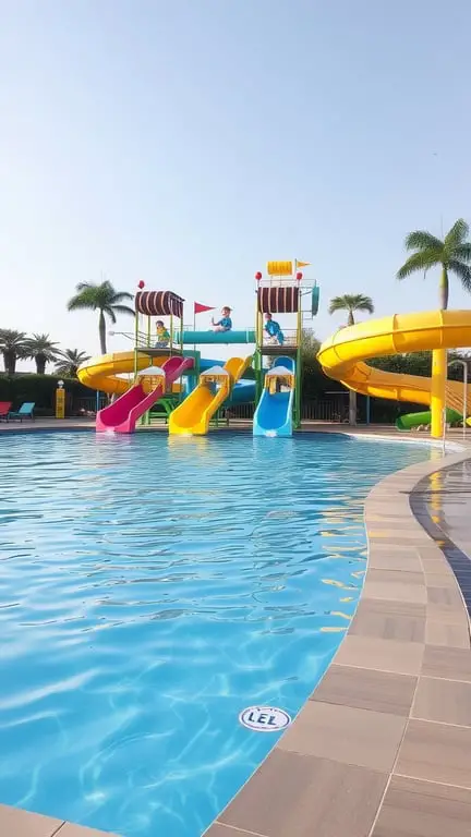 37+ Stunning Backyard Pool Design Ideas to Transform Your Outdoor Space 16 A family-friendly pool with colorful water slides, featuring children playing and enjoying the water.