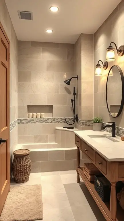 31+ Inspiring Farmhouse Bathroom Ideas You’ll Love 17 A modern farmhouse bathroom featuring natural stone walls, a wooden vanity, and a cozy atmosphere.