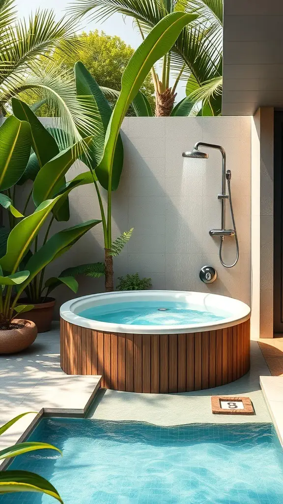 A circular hot tub surrounded by tropical plants and an outdoor shower.