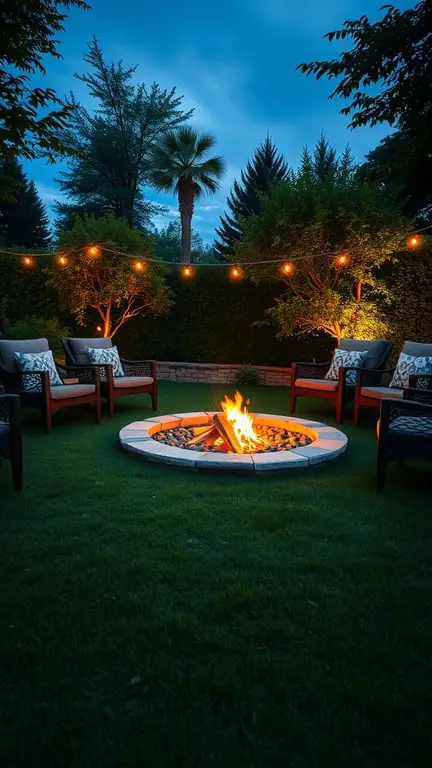 17+ Inspiring Turf Backyard Ideas for a Gorgeous Outdoor Space 8 A cozy fire pit area surrounded by lush turf, with comfortable seating and string lights overhead.