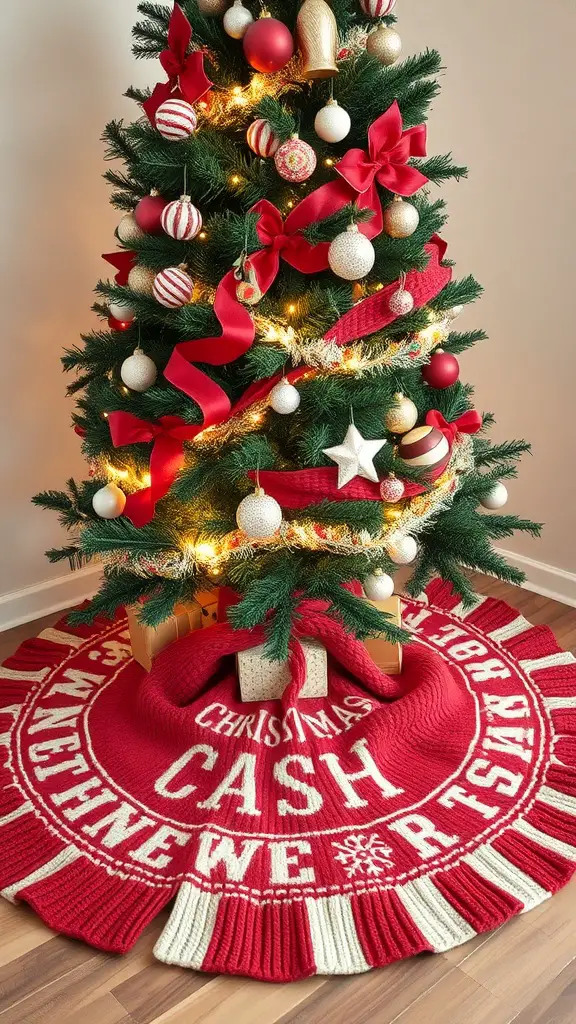 23+ Creative Christmas Crafts for Adults to Try This Holiday Season 5 An upcycled sweater tree skirt in red and white under a decorated Christmas tree.