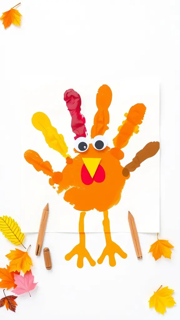 25+ Creative Fall Crafts for Toddlers 4 Colorful handprint turkey art made by toddlers, featuring vibrant feathers and googly eyes.