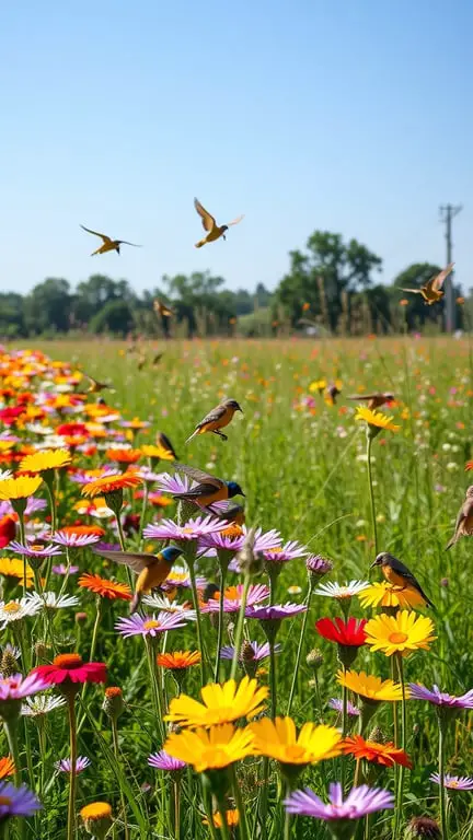 19+ Essential Tips for Creating a Bird-Friendly Garden 12 A colorful wildflower meadow with birds flying around, showcasing a vibrant and lively garden.