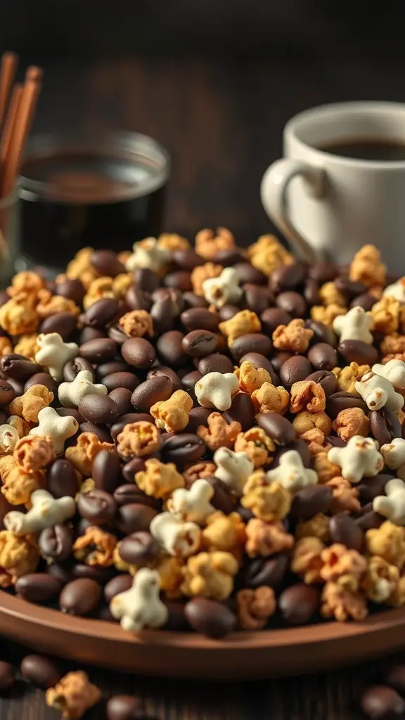 17 Creative Coffee Baby Shower Ideas You’ll Love 17 A colorful platter of popcorn mixed with chocolate-covered coffee beans, with cups of coffee in the background.