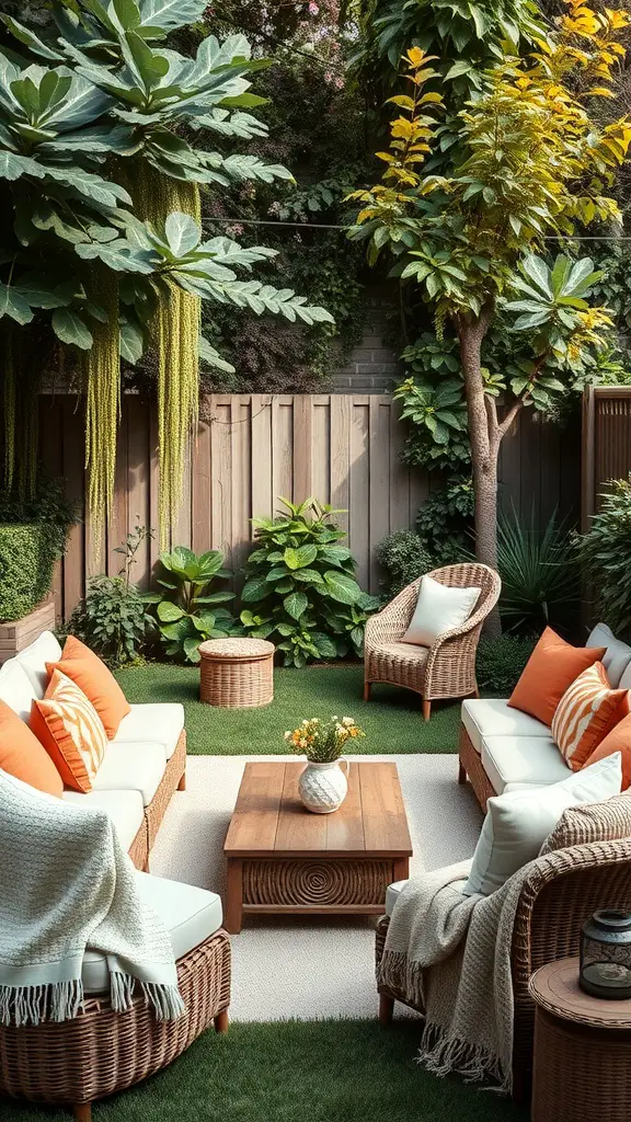 21+ Backyard Engagement Party Ideas for an Unforgettable Celebration 12 Cozy backyard seating area with wicker furniture and bright cushions surrounded by greenery