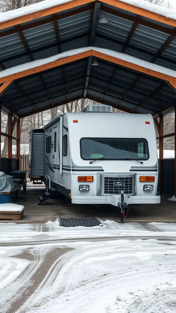 17+ Creative RV Shelter Ideas to Protect Your Home on Wheels 12 An RV parked under a shelter with snow on the ground.