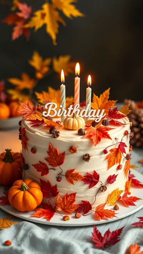 19+ Unique Fall Birthday Party Ideas for an Unforgettable Celebration 2 A beautifully decorated autumn-themed birthday cake with leaves and pumpkins.