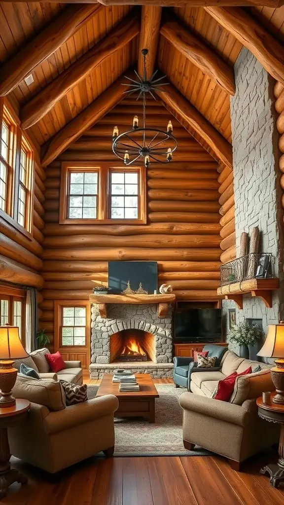 25+ Stylish Bloxburg Living Room Ideas You’ll Love 7 A cozy rustic cabin living room featuring a stone fireplace, wooden beams, and comfortable seating.