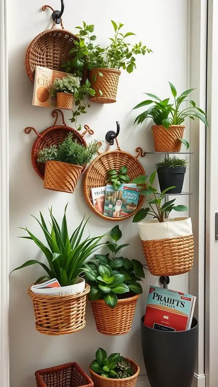 25 Creative Storage Ideas for Small Spaces 7 A collection of wall-mounted woven baskets with plants and magazines, showcasing a stylish storage solution for small spaces.