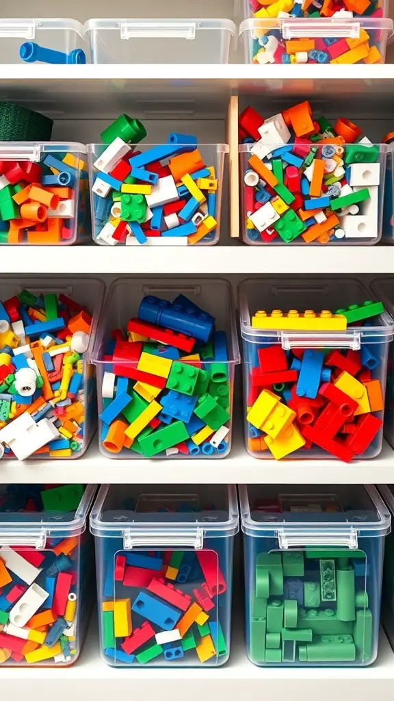 19+ Creative LEGO Organization Ideas for a Tidy Space 5 Color-coded LEGO bricks stored in clear bins on shelves.