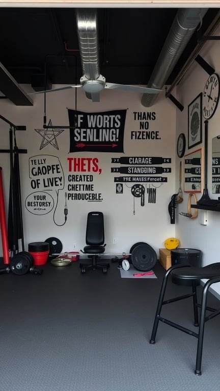 19 Home Gym Ideas for Small Garages: Maximize Your Space with These Creative Solutions 16 A small garage gym with motivational wall art, weights, and a chair.