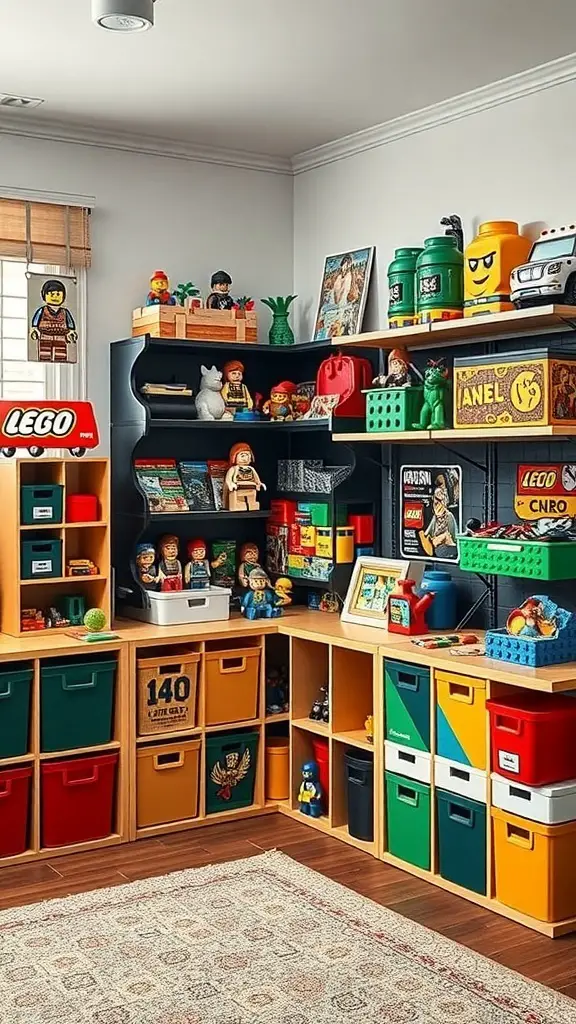 19+ Creative LEGO Organization Ideas for a Tidy Space 16 A colorful LEGO-themed room with organized shelves, bins, and decor.