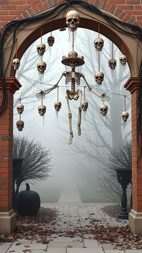 A spooky Halloween archway featuring a skeleton and hanging skulls, creating a festive atmosphere.