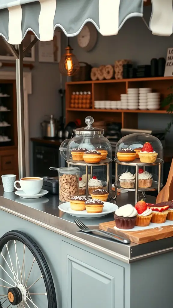 A coffee cart featuring a variety of desserts, including cupcakes and cookies, alongside a cup of coffee.