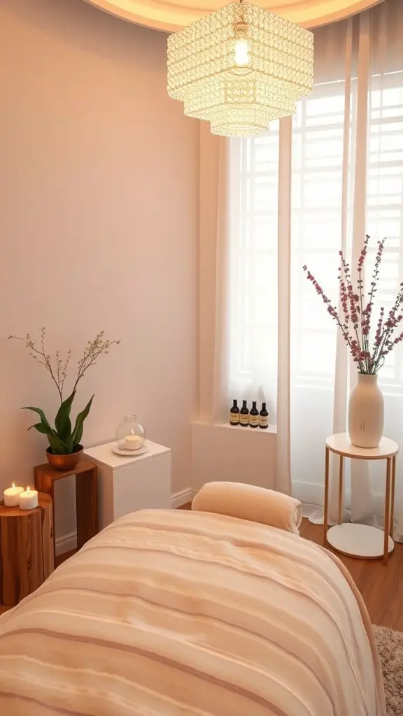 23+ Cozy Small Facial Room Ideas for a Relaxing Retreat 15 A serene therapy room with a massage table, candles, essential oils, and soft lighting.