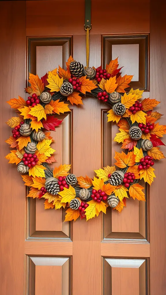 23+ Charming Fall Door Decorations to Welcome the Season 8 A colorful harvest wreath made of orange and yellow leaves, pine cones, and red berries hanging on a wooden door.