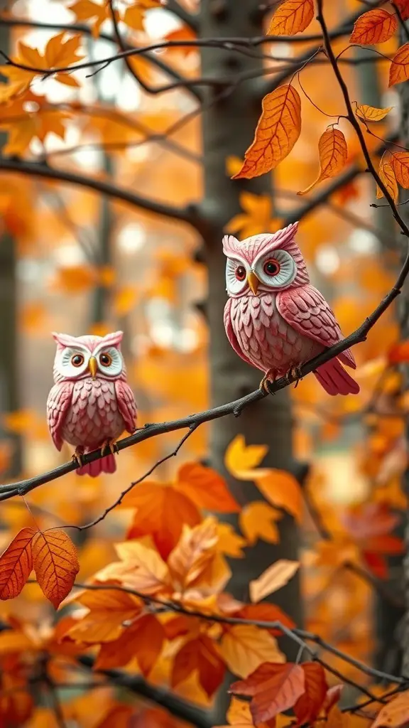 23+ Stunning Pink Halloween Decor Ideas for a Unique Celebration 11 Two cute pink owl decorations sitting on a branch with autumn leaves.
