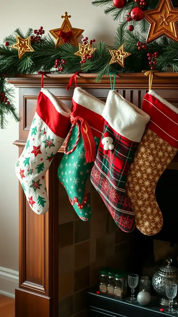 23+ Creative Christmas Crafts for Adults to Try This Holiday Season 11 A collection of colorful Christmas stockings hanging by a fireplace, decorated with festive designs and patterns.