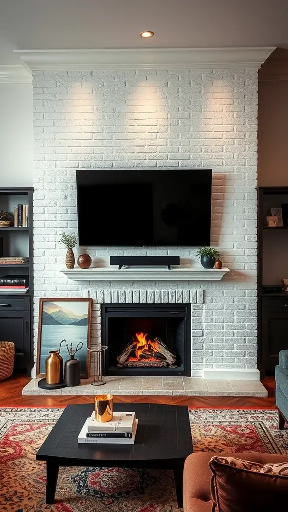 21 Stunning Fireplace TV Wall Ideas for Your Living Room 17 A modern fireplace TV wall featuring a white brick design, a mounted TV, and a cozy fire.