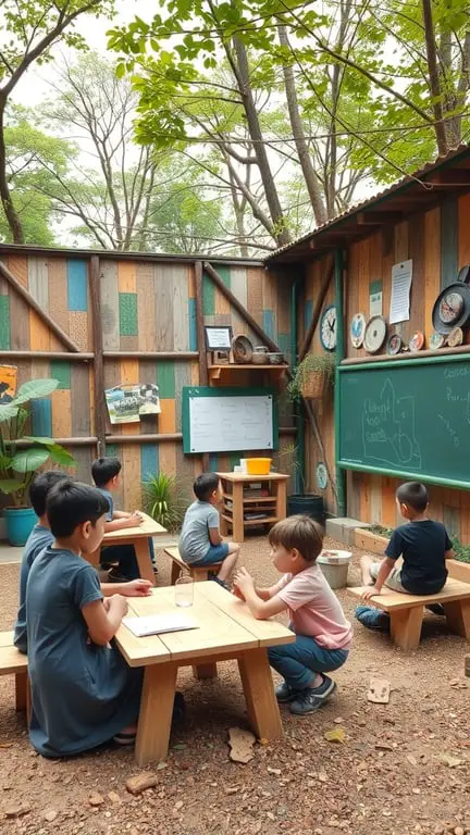 15 Inspiring Outdoor Learning Spaces for Creative Education 14 Children learning in an eco-friendly outdoor classroom with wooden tables and colorful walls